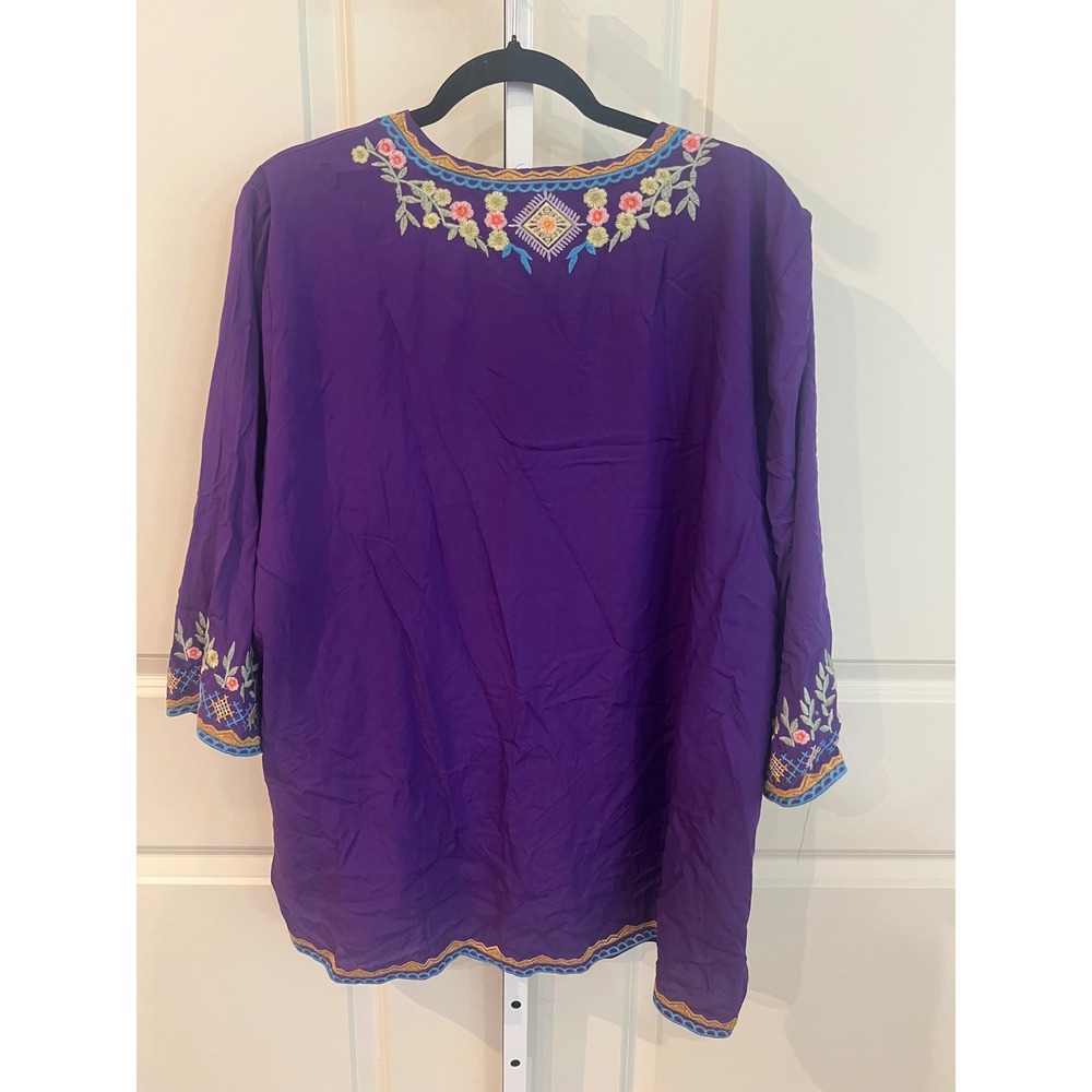 Purple Embroidered Boho Tunic Top V-Neck Floral 3/4 Sleeve Blouse Plus Size 2XL - Picture 3 of 7